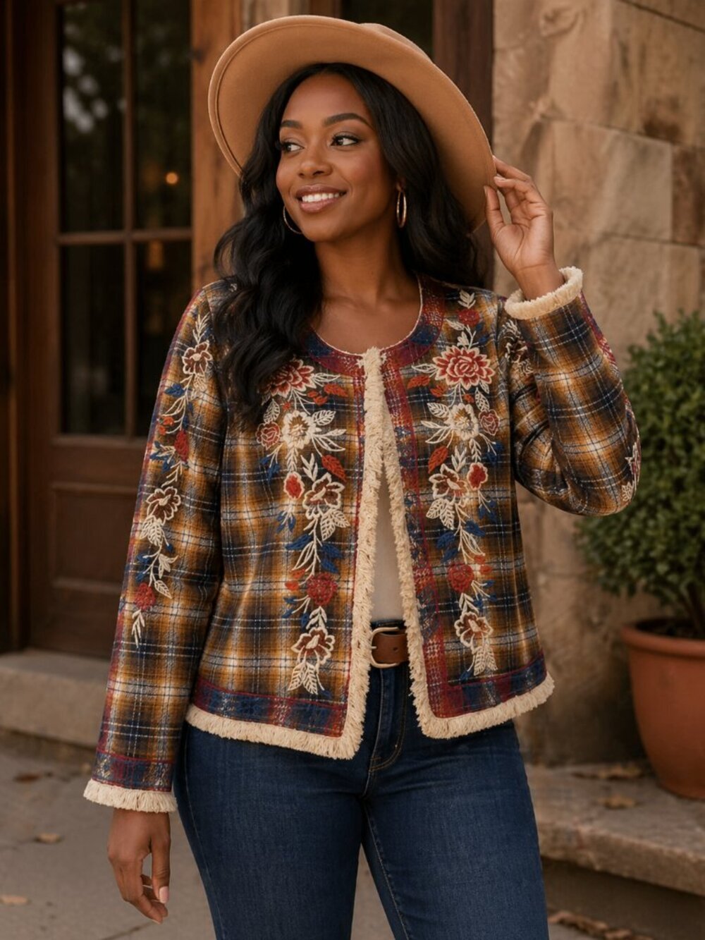 Cienna Plaid Embroidered Folk Art Jacket Boho Western Fringe Floral Size S